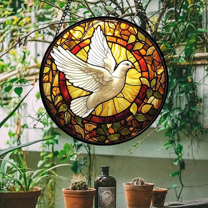 Stained Glass Window Hanging, Flying White Dove Sun Catchers Diamond Glass Panel Hangings Cute Birds Suncatcher Decor for Birthday for Women, Men, Wife, Aunt, and Mom 14.9 in