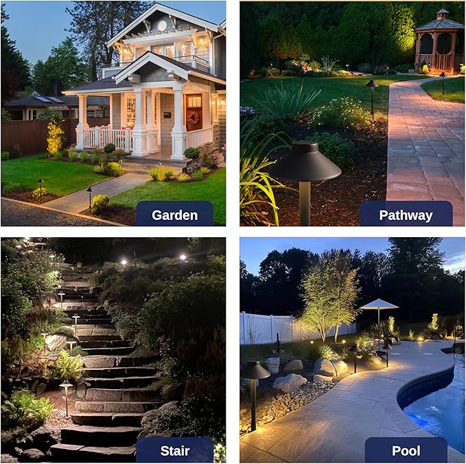 Brass Low Voltage Path Lights - 12V Landscaping Pathway Light IP65 Waterproof, Wired Walkway Lighting Outdoor, LED Bronze for Lawn Area Backyard with 3W 2700K Warm White G4 Bulb (8 Pack)