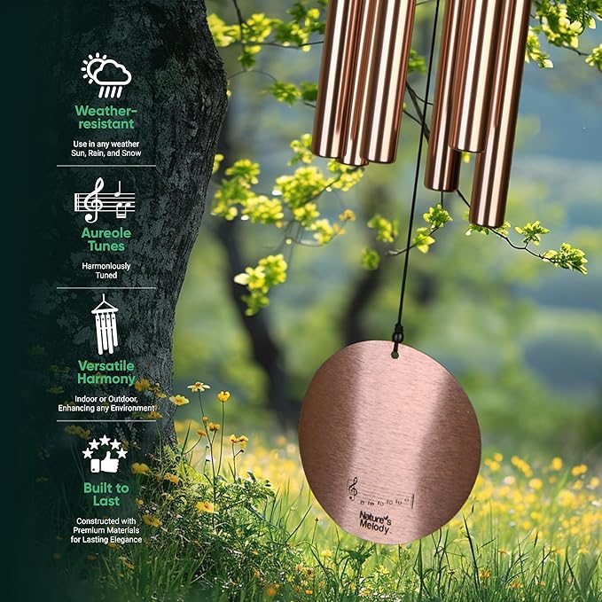 Nature’s Melody Aureole Tunes Wind Chimes – Outdoor Windchime with 6 Tubes Tuned to C Pentatonic Scale, 100% Rustproof Aluminum, Powder Finish & S Hook Hanger for Sympathy, Memorial Gift or Zen Garden