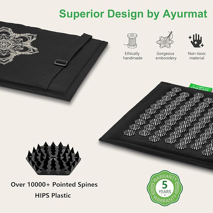 Acupressure Mat and Pillow Set - Full Body Pro Kit for Stress Relief, Muscle Relaxation & Pain Relief - Natural Eco-Friendly Linen & Coconut Fiber Mat - Includes Carrying Bag (Black)