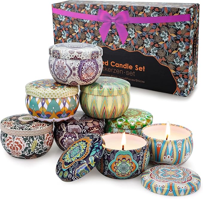 Scented Candles Set, 8 Pack Aromatherapy Candle, Stress Relief & Body Relaxation, 160H Burning, Portable Travel Tin, Candles for Home Scented, Ideal for Yoga, Meditation, Bath, Valentines Day Gifts