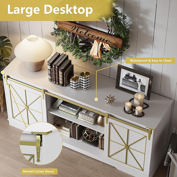 Farmhouse TV Stand for 65/60/55 Inch Tvs, Rustic Entertainment Center with Storage Cabinets & Sliding Barn Doors, Modern Media Console Table, Wood Television Furniture for Living Room, Bedroom, White