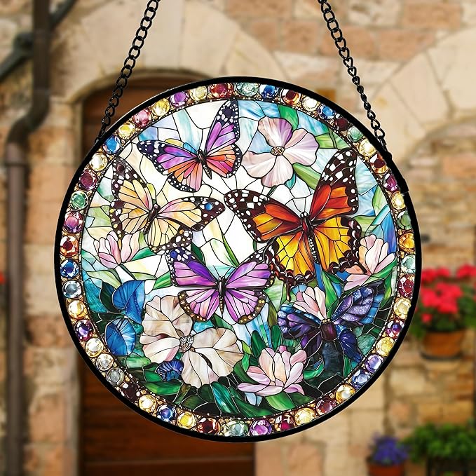 Stained Glass Window Hanging, Colorful Butterfly Suncatcher for Doors Home Sun Catchers Decoration and Christmas, Mother's Day Birthday Gifts for Women, Men, and Mom 11.8x11.8 in