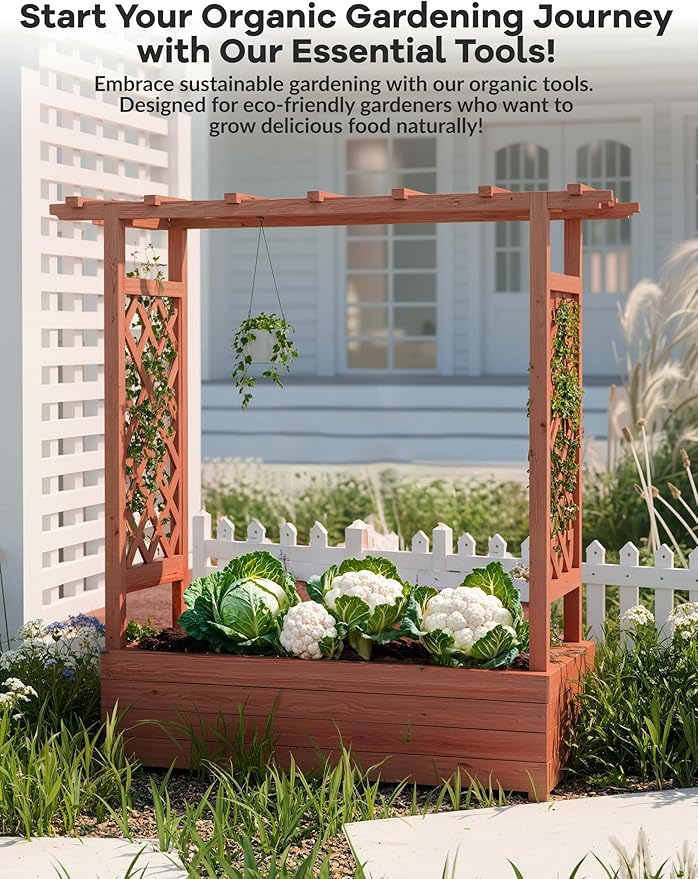 Outdoor Raised Garden Bed with Trellis & Roof - 45" H Planter Box with Side Supports, Canopy, and Drainage Holes – Perfect for Climbing Plants, Vines, and Blossoms