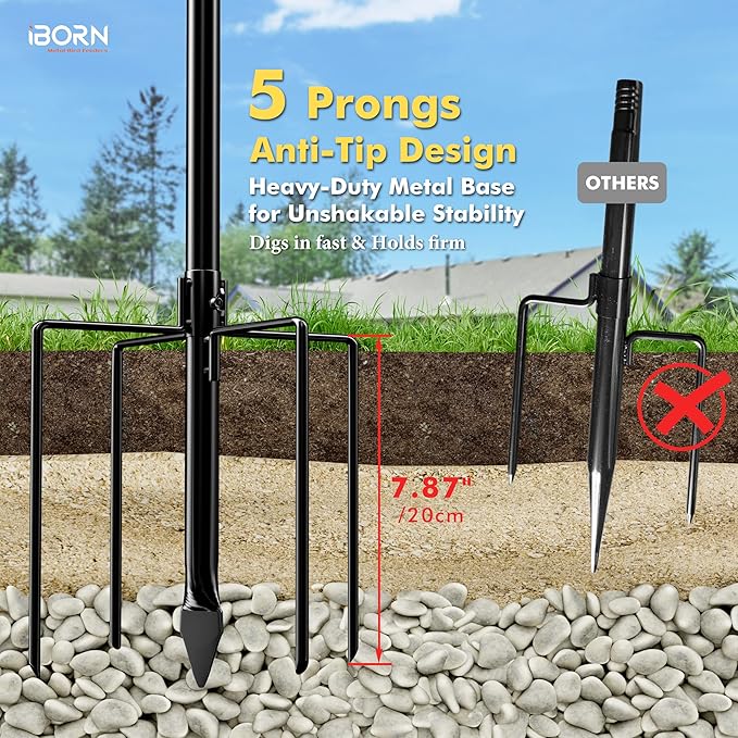 iBorn Bird Bath for Outside,36″ Metal Freestanding Bird Bath,12″ BPA-Free Bowl,Bird Bath with 3 Adjustable Height Pole,Detachable Bird Bath for Outdoors,5-Prongs Base,Gray,1 Pack（Not Include Fountain）