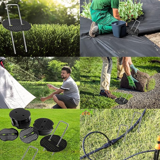Finderomend 500 Pack Landscape Staples and 50 Pack Gaskets,11 Gauge 6" Galvanized Steel Garden Staples with Black Pads,Landscape Pins Turf Staples for Securing Weed Barrier Fabric Artificial Grass