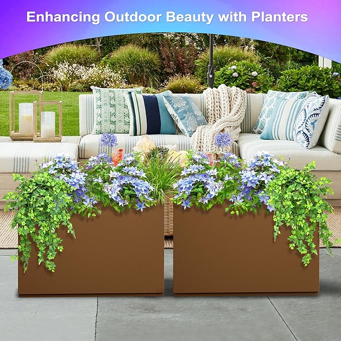 Metal Planter Boxes Outdoor Rectangular Planter 35" L x 9" W x 26" H, Large Planters for Plants with Drainage Holes, Brwon Rectangle Planters for All-Weather Use