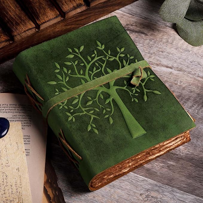 LEATHER VILLAGE Tree of Life Journal - 8"X6" (A5) inches - Green - 200 Antique Deckle Edge Handmade Paper – Book of Shadows - Vintage Leather Bound Journal for Women & Men