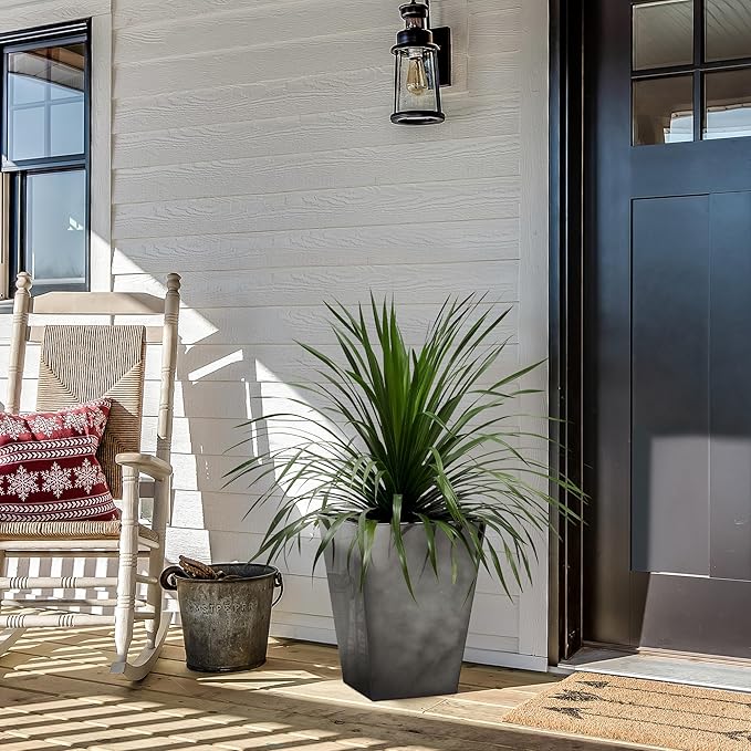 KOL 18''H. Bright Glazed Planter with Drainage Hole, Set of 2, Galvanized Steel Planter Pots for Indoor & Outdoor Use, Decorative Flower Plant Pots for Front Porch, Patio, Deck - Black