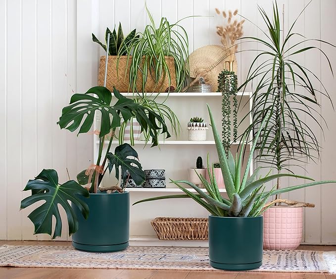 D'vine Dev 8 Inch & 10 Inch Ceramic Planter Pot for Plants with Drainage Hole and Saucer, Large Plant Pots Set, Teal, 94-G-L-9