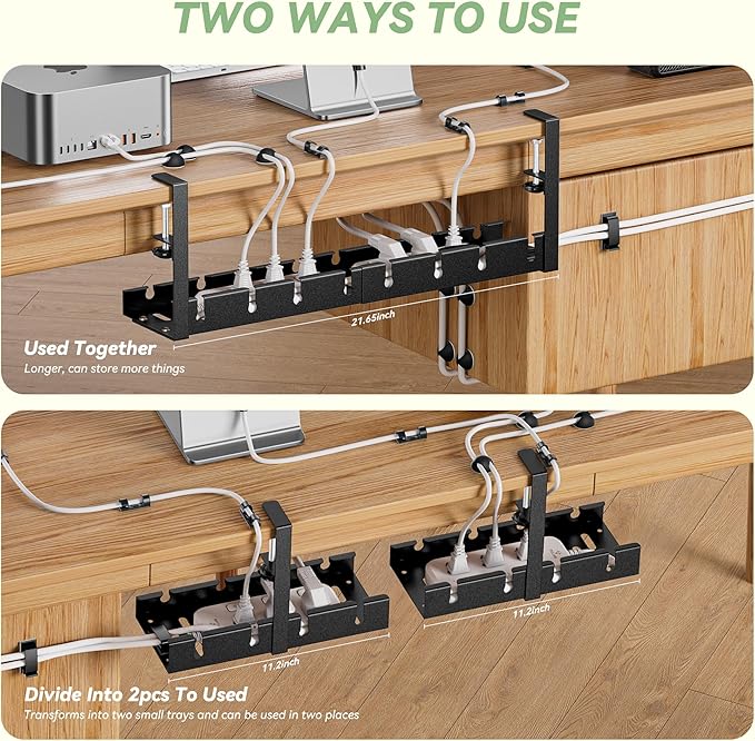 Under Desk Cable Management Tray, Extendable 11.2" to 21.6" Cable Management Under Desk Tray, No Drill with Clamp for Home Office