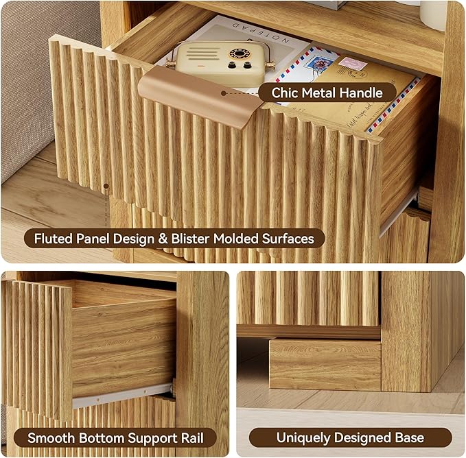 Fluted Nightstand Set of 2 with Charging Station, Night Stand with 2 Drawers, End Table with Storage, Bed Side Table for Bedroom, Modern Nightstand for Living Room, Natural