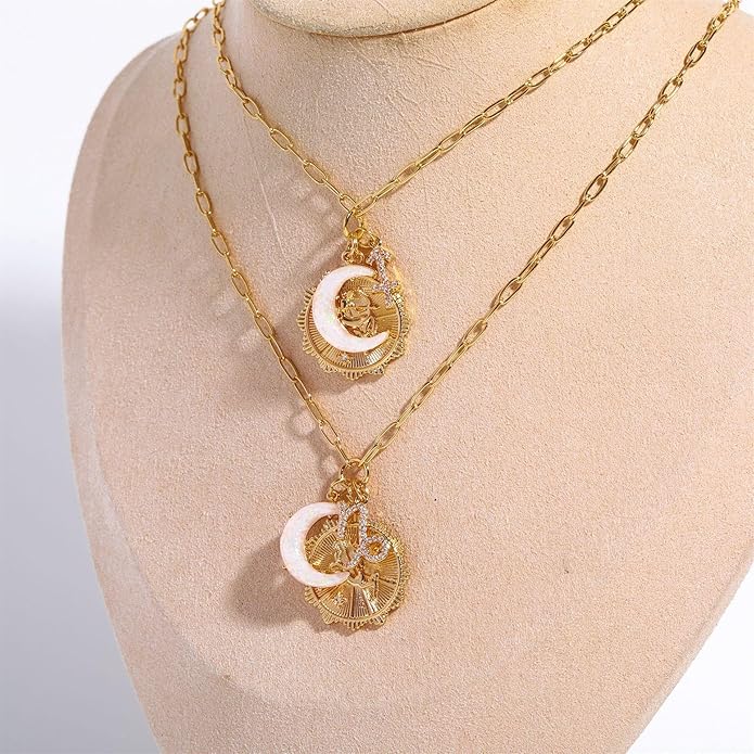 Gold Zodiac Sign Embossed Coin Opal Crescent Moon Charm Necklace for Women Trendy 18K Gold Plated Retro Paperclip Chain 12 Constellation Horoscope Necklaces Astrology Jewelry Gifts
