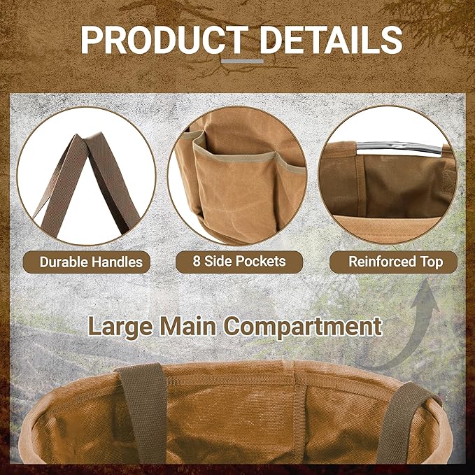 Heavy-Duty 16oz Waxed Canvas Garden Tool Tote with Handle, Wide-Mouth Open Top Design 14 inch Tool Bag | Khaki