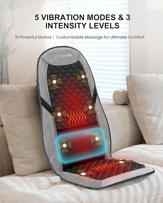 COMFIER Back Massager with Heat,Massage Chair Pad,Massage Seat Cushion with Adjustable Lumbar Support,Back Massage for Pain Relief,Chair Massager for Recliner,Office,Gifts for Dad,Mom