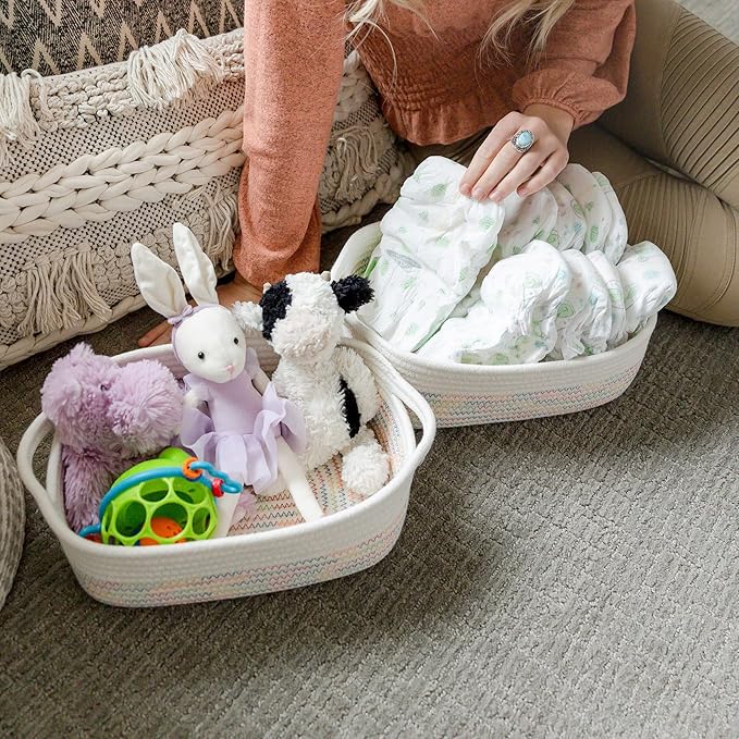 NaturalCozy 5-Piece Rectangle Storage Basket Set- Natural Cotton Rope Woven Baskets for Organizing! Small Basket for Montessori, Baby Nursery, Dog Toy Baskets, Cat Toy Box, Bathroom Organization Bin