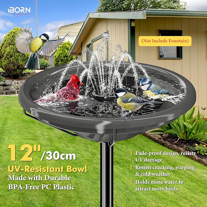 iBorn Bird Bath for Outside,36″ Metal Freestanding Bird Bath,12″ BPA-Free Bowl,Bird Bath with 3 Adjustable Height Pole,Detachable Bird Bath for Outdoors,5-Prongs Base,Gray,1 Pack（Not Include Fountain）