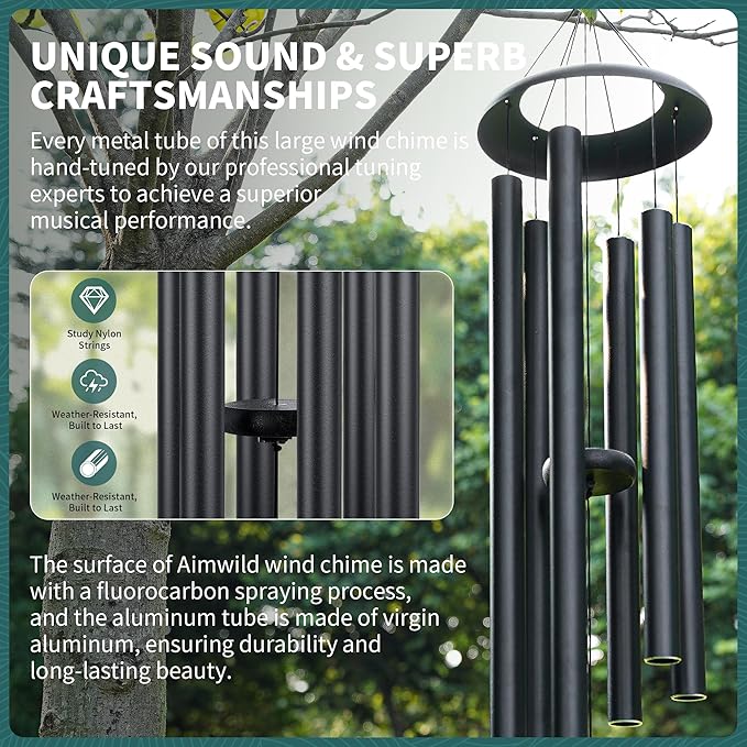 Wind Chimes for Outside Memorial – 45“ Large Outdoor Sympathy Windchime Tuned to C, Deep Tone, Gift for Mom Dad, Garden Decor with Blessing Card, Black