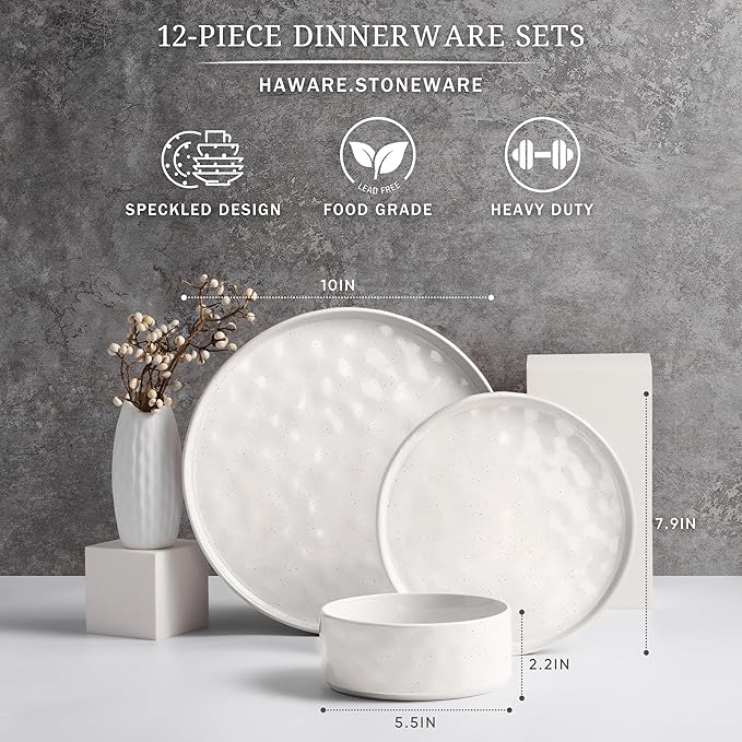 HaWare Dinnerware Sets, 12-Piece Plates and Bowls Set, Stoneware Dish Set for 4, Ceramic Dinnerware for Home Restaurant, Chip and Scratch Resistant, Microwave and Dishwasher Safe, Speckled White