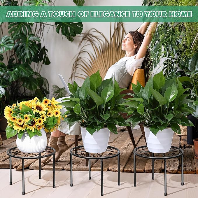 3 Pack Metal Plant Stands for Outdoor Indoor, Anti Rust Round Iron Plant Pot Shelf, Heavy Duty Flower Pot Stands for Multiple Plant, Rustproof Plant Holder, Decoration Racks for Home Garden