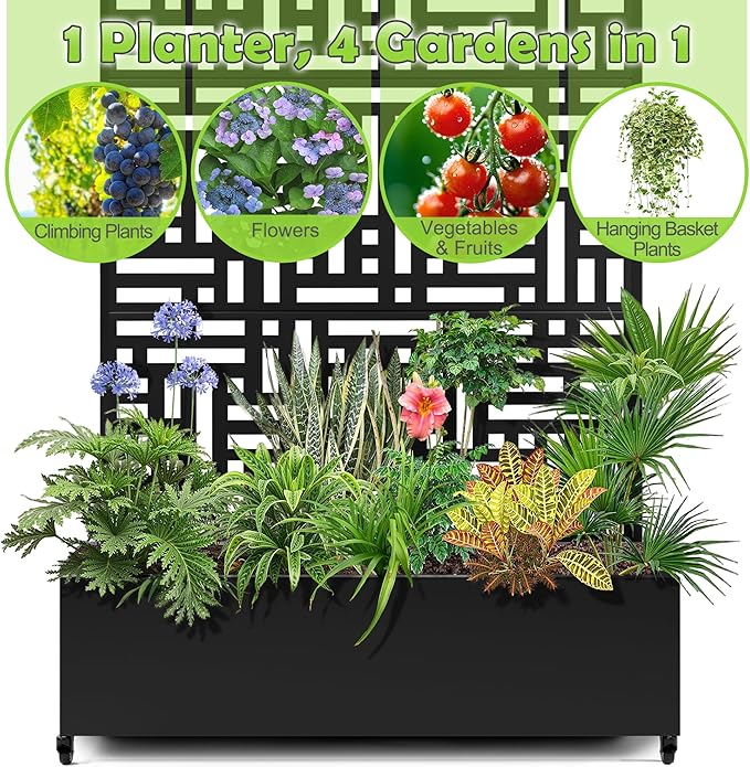 15.7"×70.9"×47.2" Metal Raised Garden Bed with Trellis and Wheels - Tall Trellis Planter Box for Climbing Plants, Vegetables & Vines - Outdoor Privacy Planters for Patio (Black-Helen)