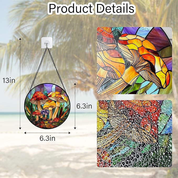 Stained Glass Window Hanging, Jungle Mushrooms Sun Catchers Diamond Glass Panel Hangings Plant Suncatcher Decor for Birthday for Women,Men, Wife, Aunt,and Mom 6.3X6.3 in