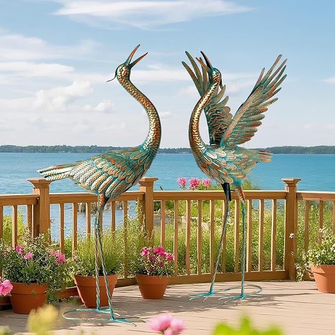chisheen Crane Garden Statues Outdoor Metal Heron Yard Art Crane for Garden Sculptures Patio Lawn Ornaments,Set of 2