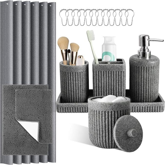 8-Piece Grey Bathroom Set - Resin Bathroom Accessories Sets Complete with Shower Curtain and Rugs, Soap Dispenser, Toothbrush Holder, Tumbler & Apothecary Jars