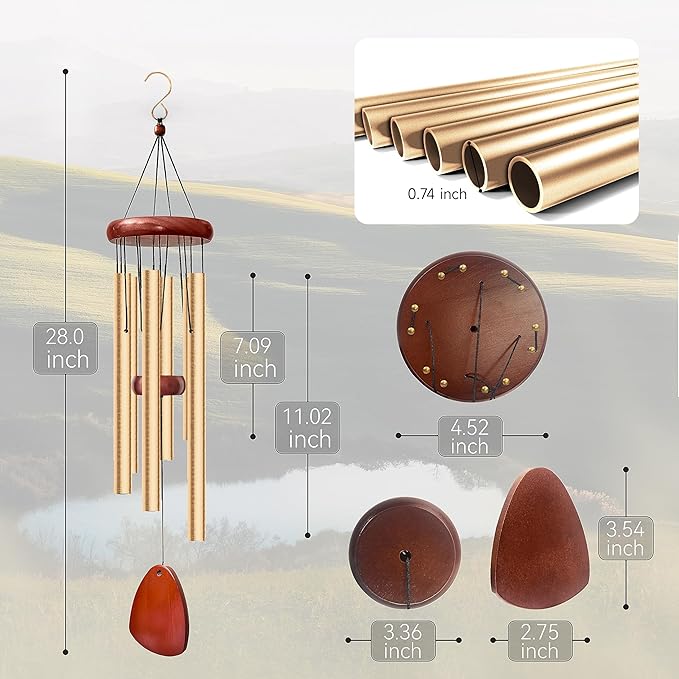 28" Wind Chimes for Outside. Deep Tone Lovely Wind Chimes with 6 Aluminum Tubes Courtyard Decoration. Windchimes Outdoor Create an Enjoyable Atmosphere & Give Mom a Gift（Gold）