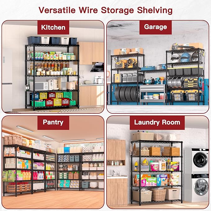 PrimeZone Wire Metal Storage Shelves - 5 Tier Adjustable NSF Certified Heavy Duty Garage Shelving Unit Organizer Rack, Steel Utility Shelf for Kitchen, Pantry, 35.5" W x 14" D x 72" H, Black, 2 Packs