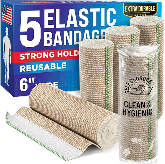 Premium Elastic Bandage Wrap - 6” (5pk) - Strong Compression - Self-Closing Reusable Bandages for Legs, Knee, Abdomen, Lymphedema - Body Wrap