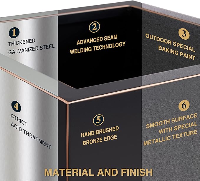 Metallic Heavy Planter for Outdoor Plants, 14Lx14Wx30H Inches, Tall Metal Planter Box with Hand Brushed Gold Edge for Outside & Indoor, 25 Pounds, No Assembly and Seamless, Set of 2 (Black)