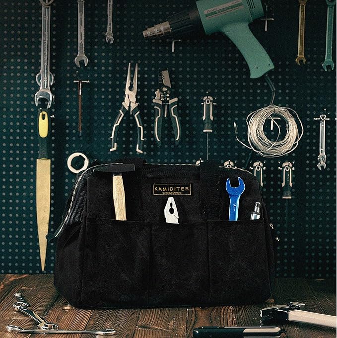 Heavy-Duty 16oz Waxed Canvas Tool Tote Bag - 15" Wide Mouth Open Top Organizer with 15 Pockets | Multi-Purpose Storage for Tools, Hardware & DIY Supplies (Black)