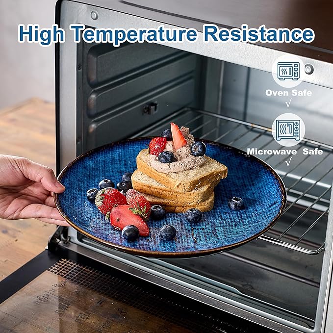 Ceramic Dinner Plates Set of 4, 10 Inch Porcelain Pasta and Salad Plates, Handmade Stoneware Plate Set for 4, Round Dishes for Home Decor, Microwave,Oven,and Dishwasher Safe, Blue