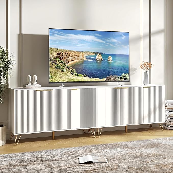 TV Stand for 90 inch TV Modern Entertainment Center Cabinet with 6 Doors Wood Media Console Storage Cabinets for Living Room Bedroom, White