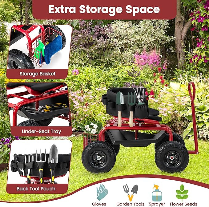 Goplus Garden Seat with Wheels, Rolling Gardening Stool with Adjustable 360° Swivel Seat, Tool Tray & Storage Basket, Extendable Handle, Outdoor Gardening Scooter, Garden Cart Workseat for Seniors