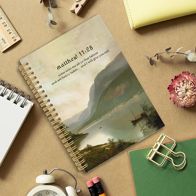 Mountain Lakeside Christian Spiral Notebook, Matthew 11:28 Bible Verse Journal, Religious Notebooks for School Work, Christian Office Supplies, Bible Gifts for Women Men, 5.5x8.3 Inch