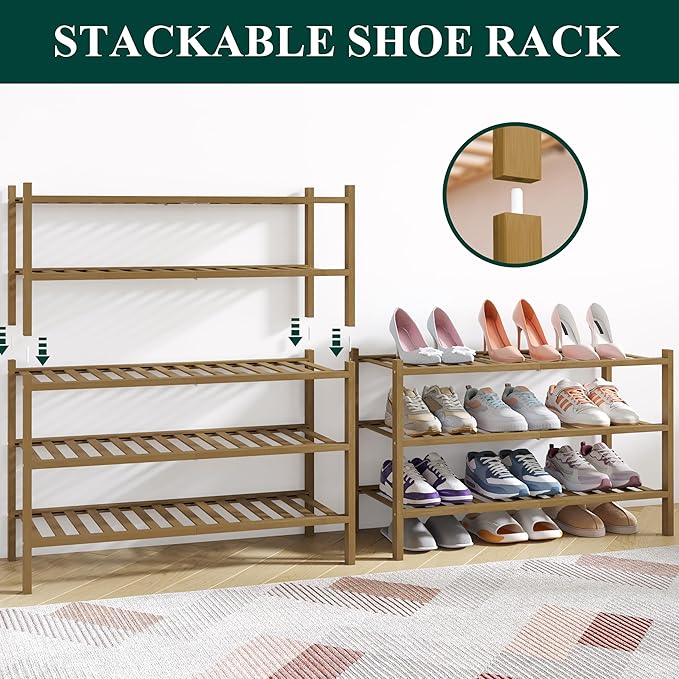 Smiry Bamboo Shoe Rack for Closet, 6 Tier Wooden Stackable Shoe Organizer, Free Standing Shoes Storage Shelf for Entryway, Front Door Entrance, Walnut