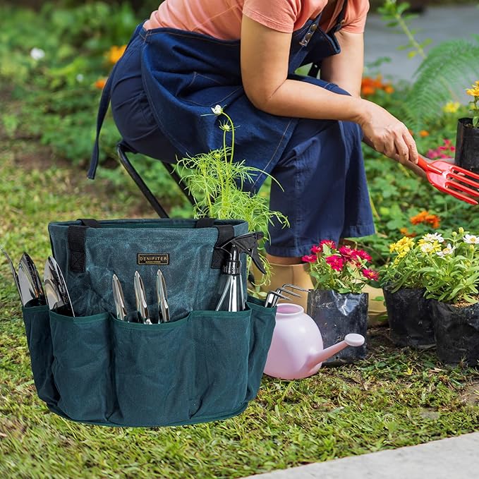 Heavy Duty Waxed Canvas Gardening Tote Bag - 14-Inch Water-Resistant Tool Organizer with 8 Pockets | Multi-Compartment Storage Solution for Pruning Shears, Gloves, and Small Tools (DarkGreen)