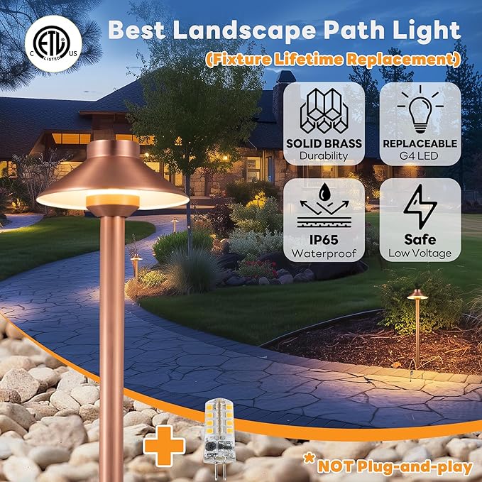 Low Voltage Landscape Sidewalk Lighting, Solid Brass Pathlights, LED Driveway Warm Light Waterproof, Hat Shaped 12V Wired Copper for Walkway Garden with 3W 270LM 3000K G4 Bulb (12 Pack)