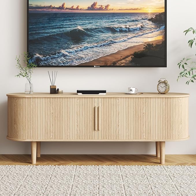 TV Stand, Media Console Table with Sliding Door and Storage Compartment, Modern Entertainment Center with Storage for Living Room, Bedroom, Home Office (Natural)