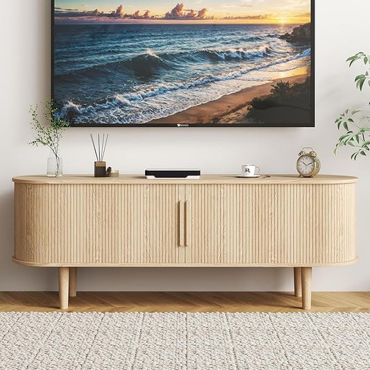 TV Stand, Media Console Table with Sliding Door and Storage Compartment, Modern Entertainment Center with Storage for Living Room, Bedroom, Home Office (Natural)