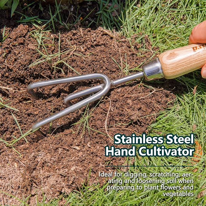 Berry&Bird Garden Tool Set 3 Pieces Stainless Steel Heavy Duty Gardening Kit Includes Hand Trowel, Hand Cultivator and Hand Fork with Wood Handle for Weeding Transplanting Digging, Ideal Garden Gifts