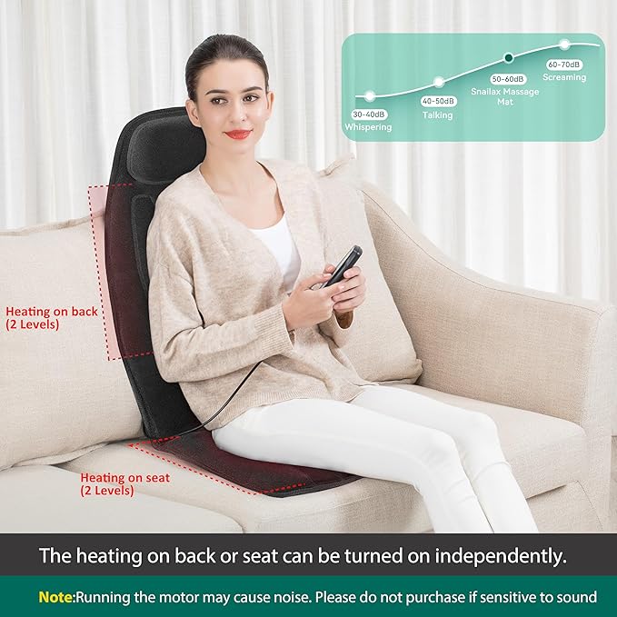 Snailax Massage Seat Cushion with 2 Heat Levels - Extra Memory Foam Support Pad in Neck and Lumbar,10 Vibration Massage Motors, Back Massager Chair Pad for Back, No shiatsu