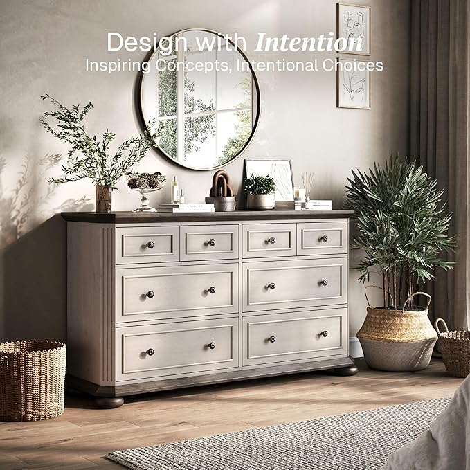 BELLEZE 31" Drawer Dresser Chest with 6 Drawers, Rustic Wooden Bedside Storage Cabinet Farmhouse Clothes Organizer for Bedroom or Living Room, Antique White