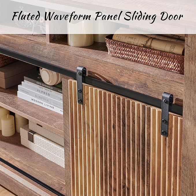 Fluted Fireplace TV Stand for TVs Up to 80 Inch with 30" Electric Fireplace, Modern Entertainment Center w/Waveform Panel Sliding Door & Adjustable Shelves, Media Console for Living Room (Light Brown)