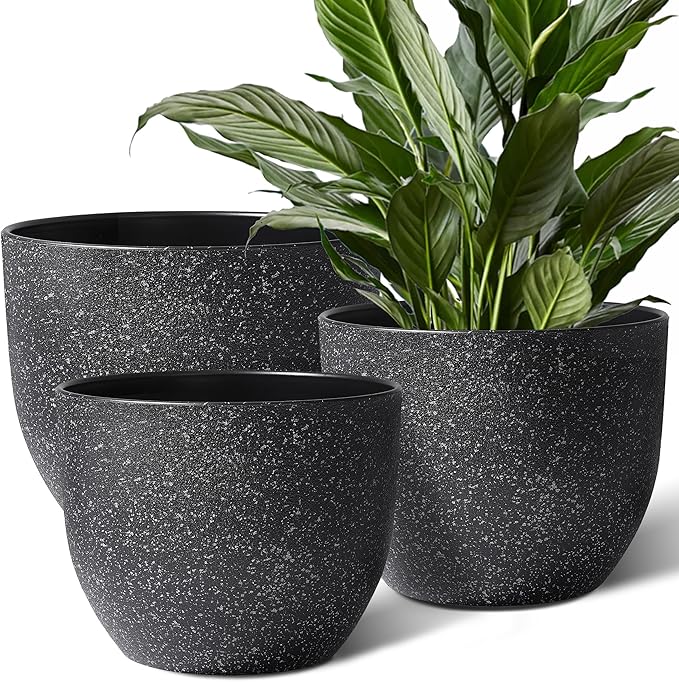 Giraffe Creation 12/10/9 Set of 3 Speckled Black Plant Pots, Modern Indoor & Outdoor Planters with Drainage Holes and Saucers