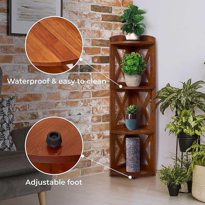 NHZ Corner Shelf Stand,100% Natural Wood Corner Bookshelf, Corner Bookcase and Plant Stand (Brown, 4 Tier)