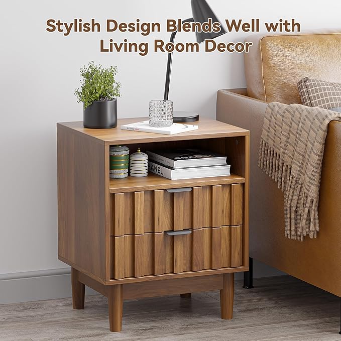 Fluted Nightstand with 2 Drawers, 19" Wide Night Stand with Solid Wood Legs, Open Storage Shelf, Mid Century Modern Wooden Bedside Table for Bedroom, Bed End Side Table, Walnut