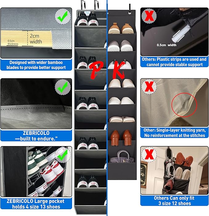 Heavy-Duty, Over The Door Shoe Organizer, Extra Large 10 Tiers, Over Door Shoe Organizer, Coated Hooks Grip Firmly Without Scratching Paint,75LB, Door Shoe Rack,Grey